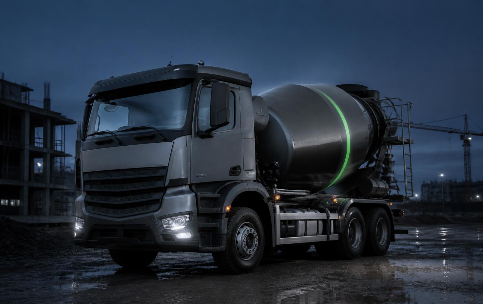 Electric concrete mixer truck in operation